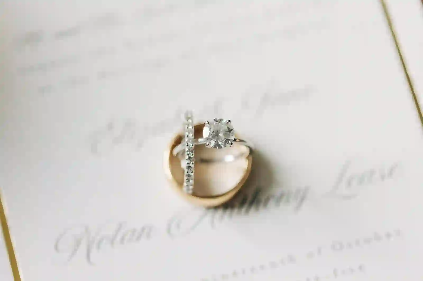 Macro detail of engagement ring and band