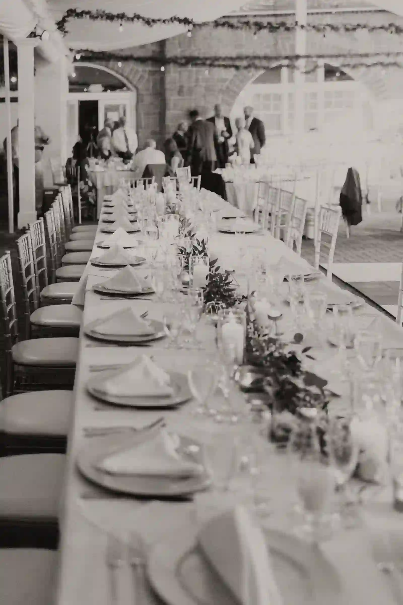 Long reception table in black and white